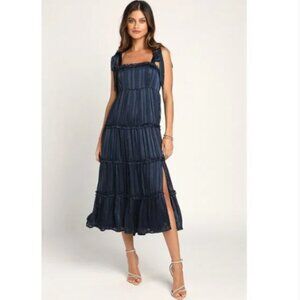 Lulu's Day For Romance Navy Blue Tie-Strap Tiered Midi Dress